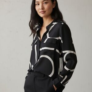 Calvin Klein Long Sleeve Logo Button Front Blouse M Black White Monogram Office